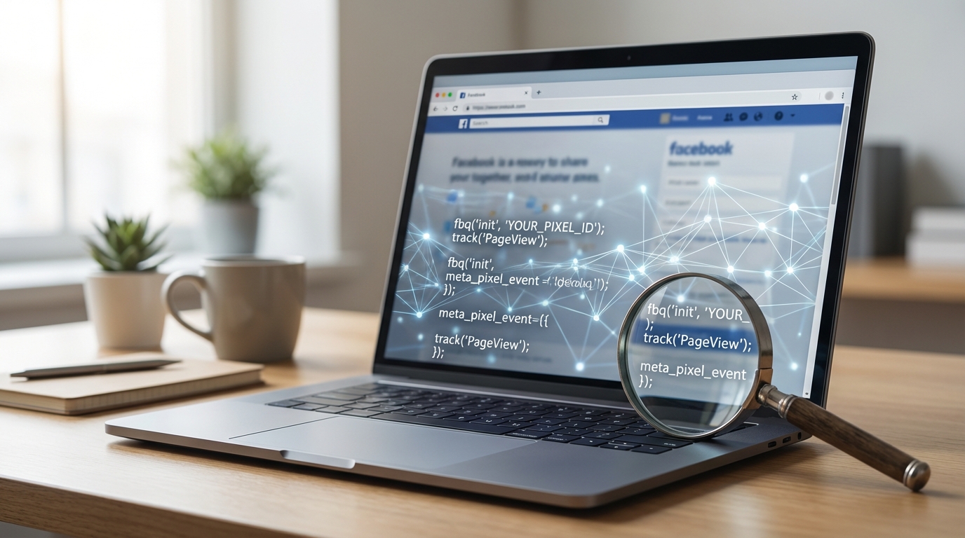 Meta Pixel izleme kodu — web sitelerinde gizli Facebook takip kodunu gösteren görsel