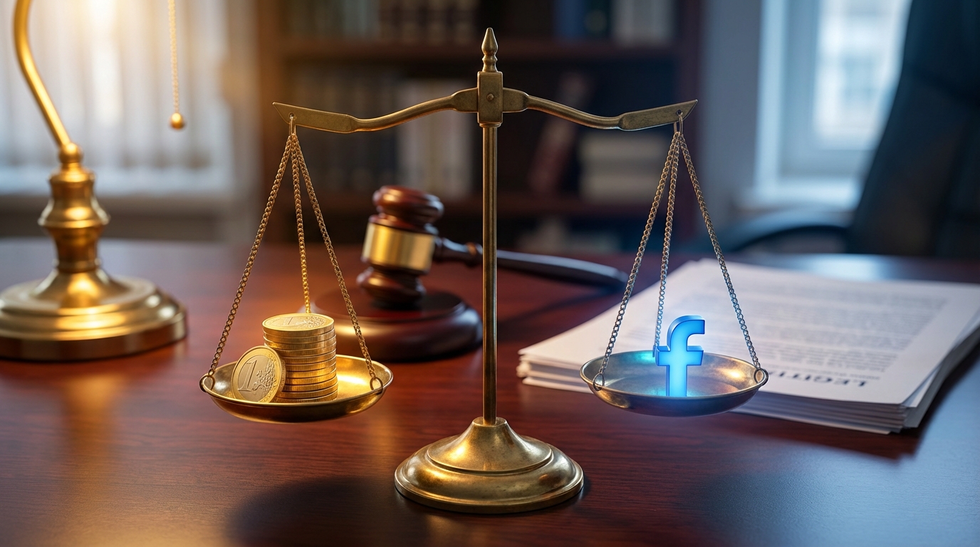 Adalet ve tazminat — terazi, Euro ve Meta logosu